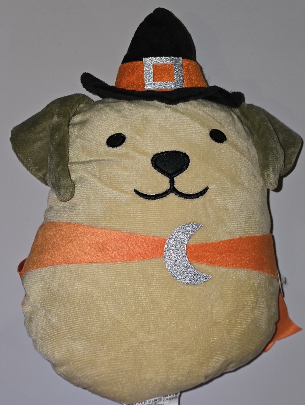 Plush Halloween Dog With Witch Hat & Orange Cape Accent Pillow